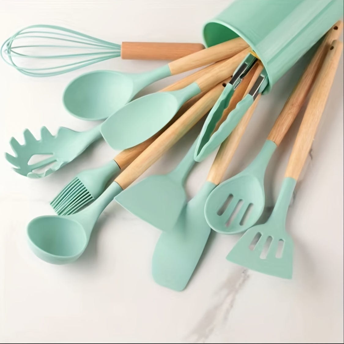 Ensemble d'Ustensiles de Cuisine en Silicone Beige avec Manche en Bois - Lot de 12, Ustensiles de Cuisine Sûrs, Anti-adhésifs, Lavables - Accessoires de Cuisine, Gadgets de Cuisine Deep Green