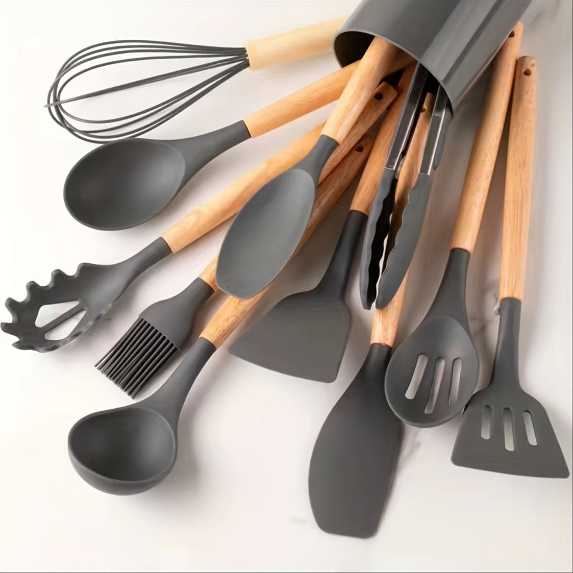 Ensemble d'Ustensiles de Cuisine en Silicone Beige avec Manche en Bois - Lot de 12, Ustensiles de Cuisine Sûrs, Anti-adhésifs, Lavables - Accessoires de Cuisine, Gadgets de Cuisine grey