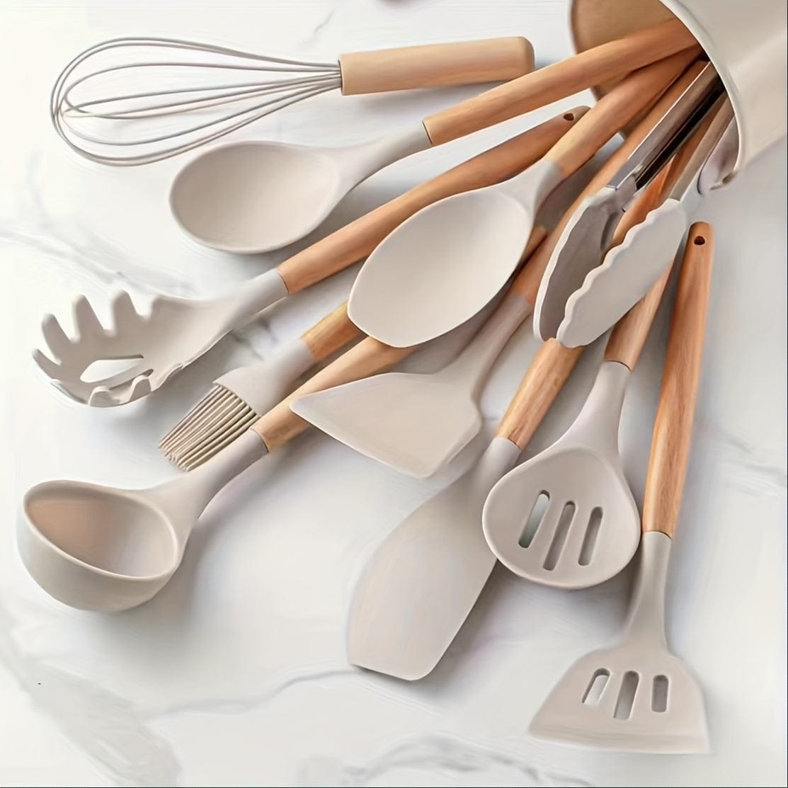 Ensemble d'Ustensiles de Cuisine en Silicone Beige avec Manche en Bois - Lot de 12, Ustensiles de Cuisine Sûrs, Anti-adhésifs, Lavables - Accessoires de Cuisine, Gadgets de Cuisine Khaki Color