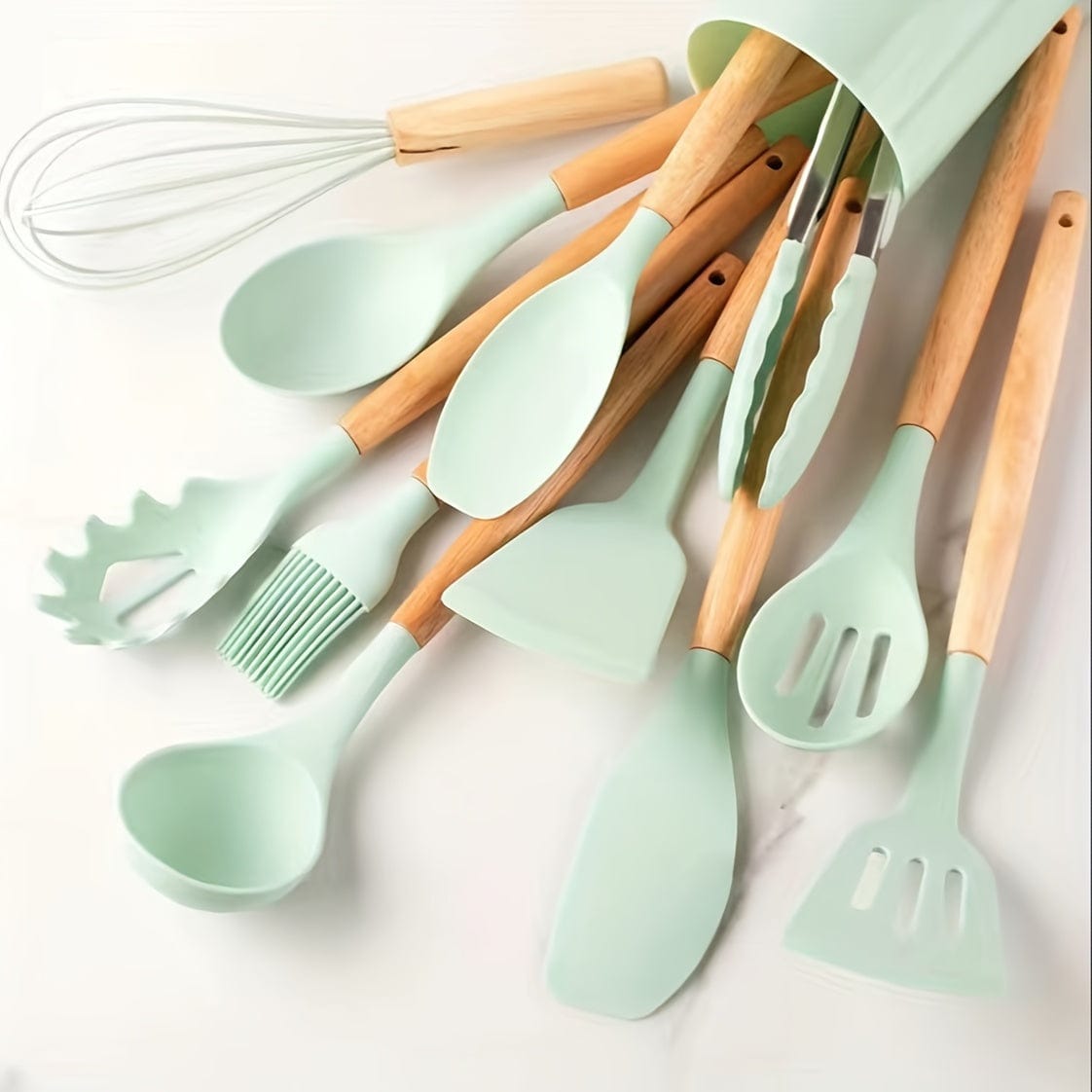 Ensemble d'Ustensiles de Cuisine en Silicone Beige avec Manche en Bois - Lot de 12, Ustensiles de Cuisine Sûrs, Anti-adhésifs, Lavables - Accessoires de Cuisine, Gadgets de Cuisine Light Green