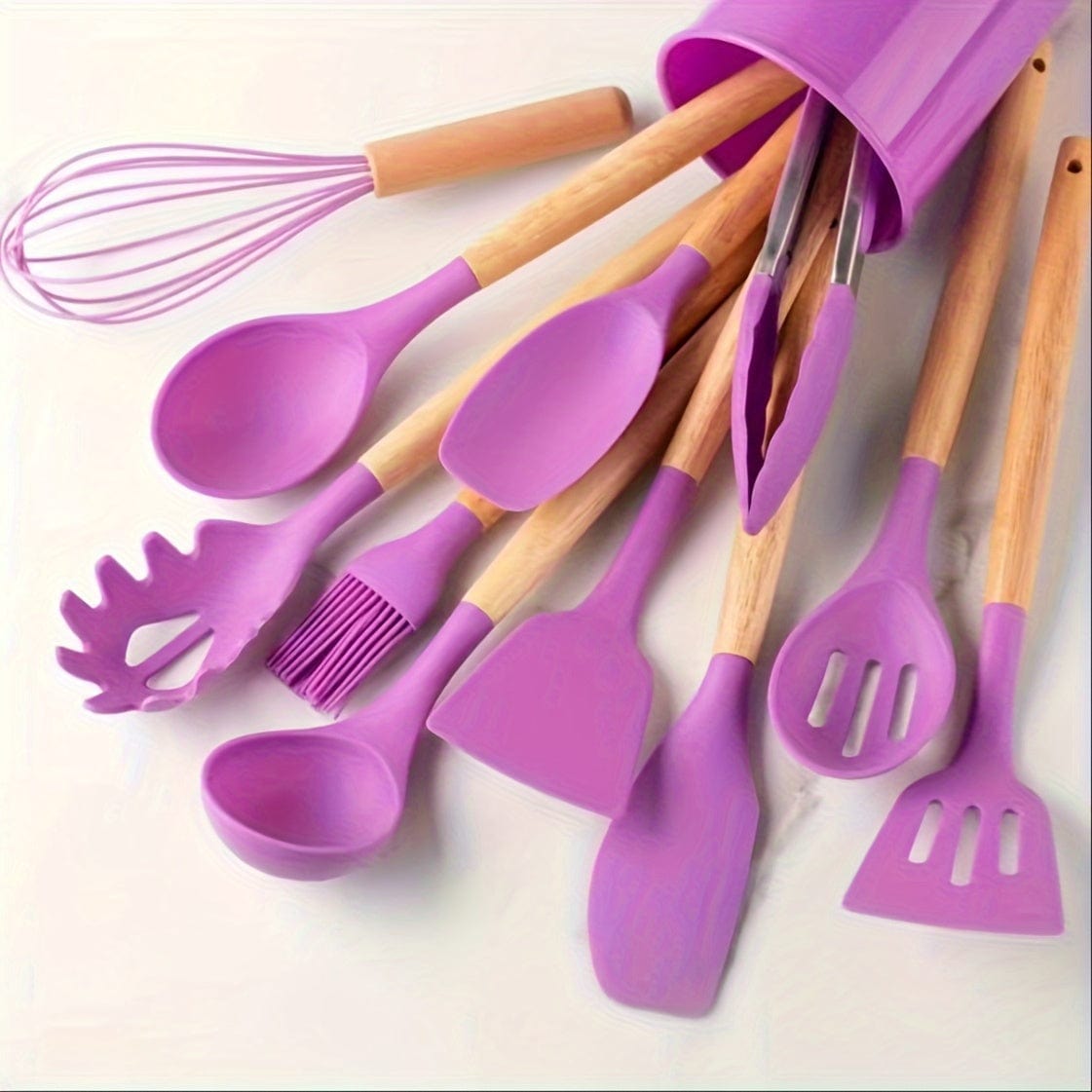 Ensemble d'Ustensiles de Cuisine en Silicone Beige avec Manche en Bois - Lot de 12, Ustensiles de Cuisine Sûrs, Anti-adhésifs, Lavables - Accessoires de Cuisine, Gadgets de Cuisine Purple