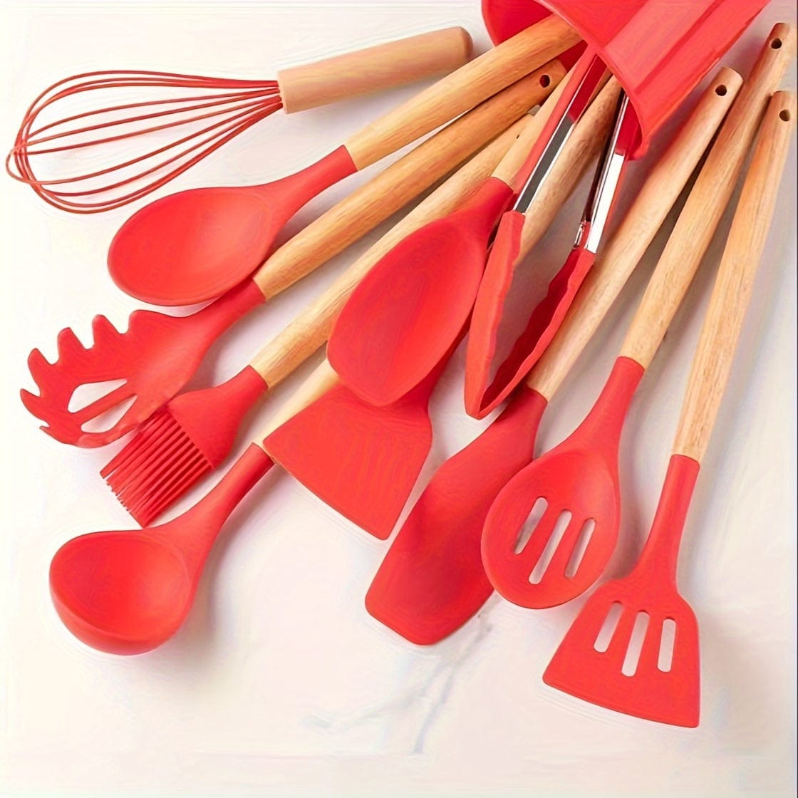 Ensemble d'Ustensiles de Cuisine en Silicone Beige avec Manche en Bois - Lot de 12, Ustensiles de Cuisine Sûrs, Anti-adhésifs, Lavables - Accessoires de Cuisine, Gadgets de Cuisine Red