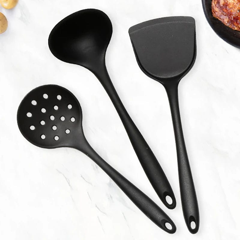 Ensemble d'Ustensiles de Cuisine en Silicone - Cuillère Louche et Spatule 3pcs black