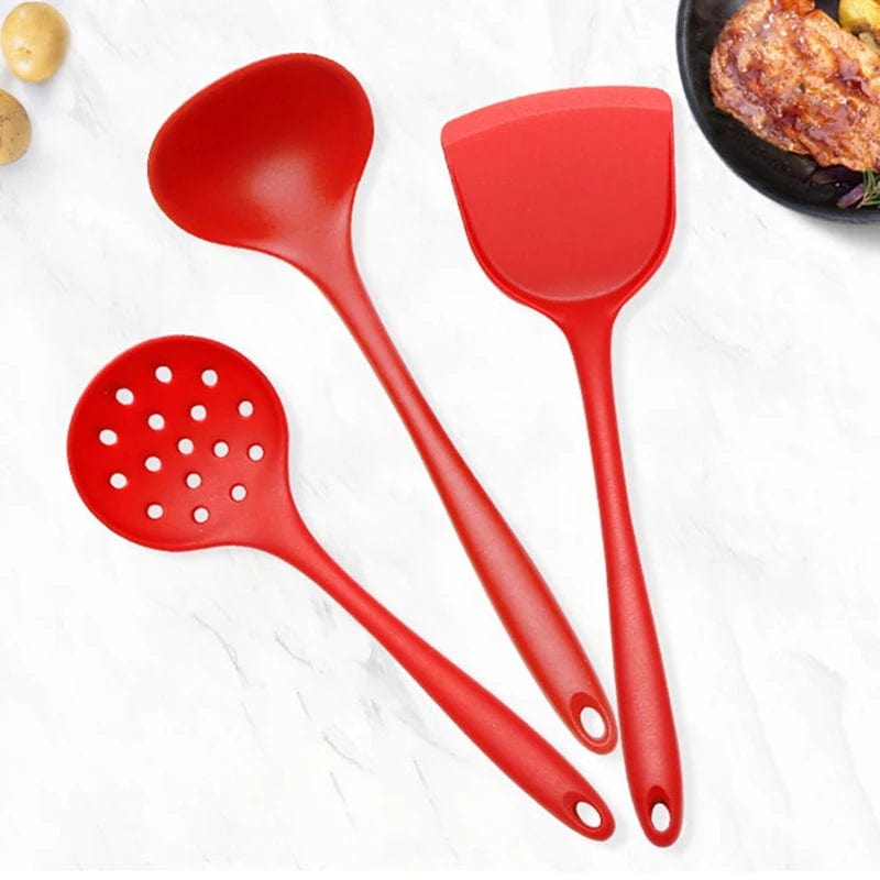 Ensemble d'Ustensiles de Cuisine en Silicone - Cuillère Louche et Spatule 3pcs red