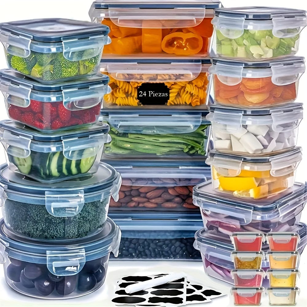 Ensemble de 24 Boîtes de Rangement de Cuisine - Hermétiques, Adaptées au Micro-Ondes, Étiquettes &amp; Stylo Inclus lunchbox 24pcs-set