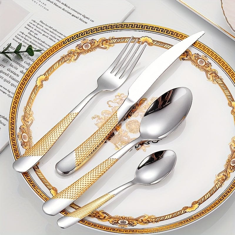 Ensemble de Couverts Étoile en Acier Inoxydable 24pcs - Couteau à Steak, Fourchette, Cuillère de Table, Cuillère à Dessert - Pour Hôtel et Restaurant