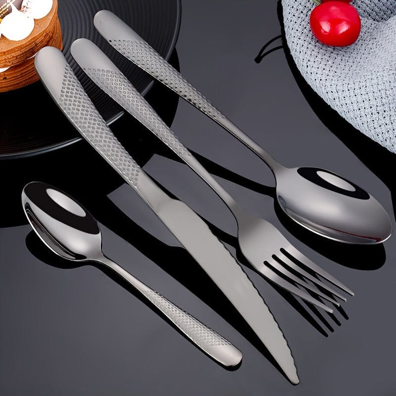 Ensemble de Couverts Étoile en Acier Inoxydable 24pcs - Couteau à Steak, Fourchette, Cuillère de Table, Cuillère à Dessert - Pour Hôtel et Restaurant