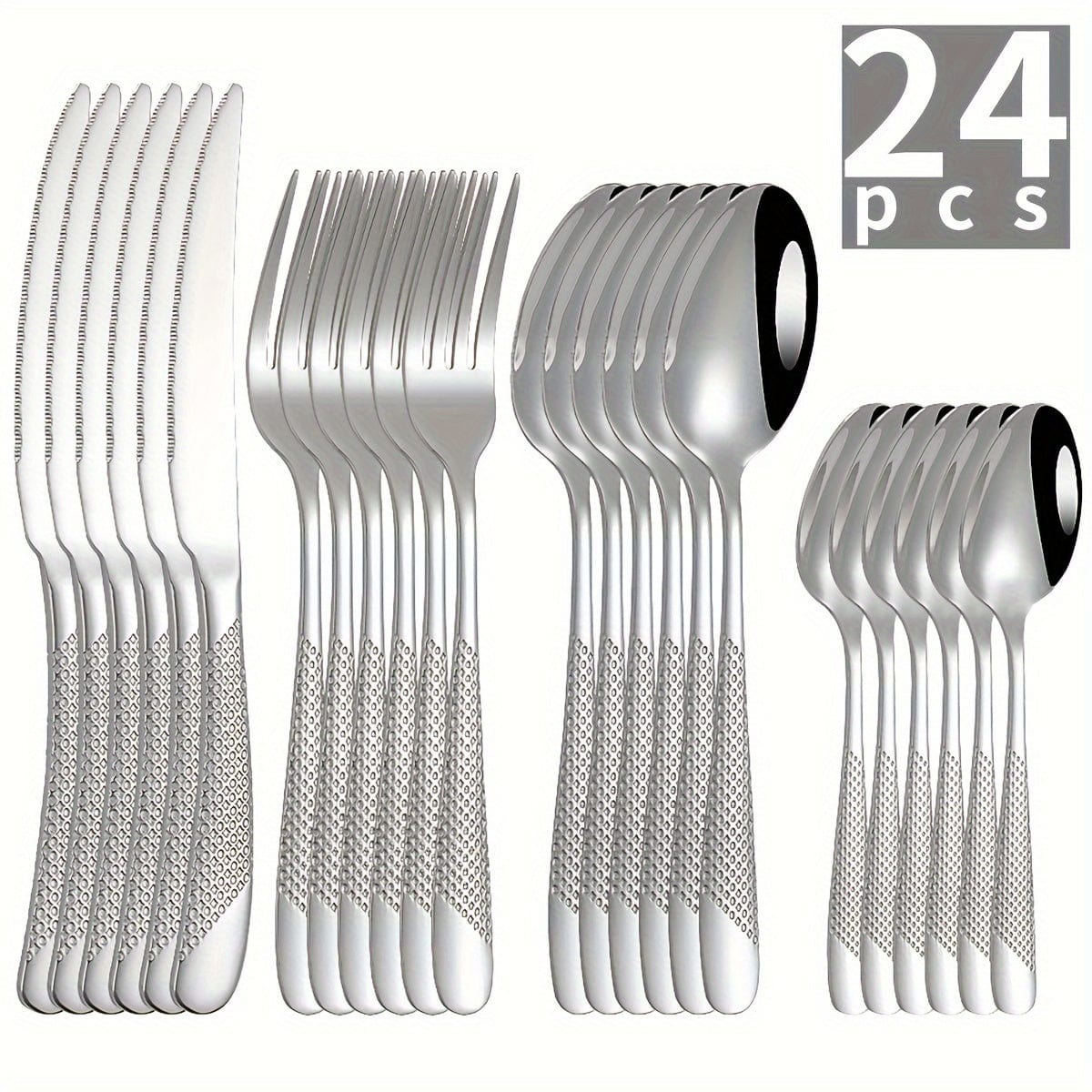 Ensemble de Couverts Étoile en Acier Inoxydable 24pcs - Couteau à Steak, Fourchette, Cuillère de Table, Cuillère à Dessert - Pour Hôtel et Restaurant