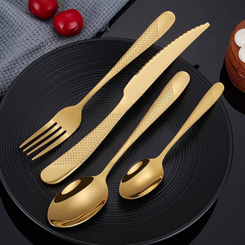 Ensemble de Couverts Étoile en Acier Inoxydable 24pcs - Couteau à Steak, Fourchette, Cuillère de Table, Cuillère à Dessert - Pour Hôtel et Restaurant