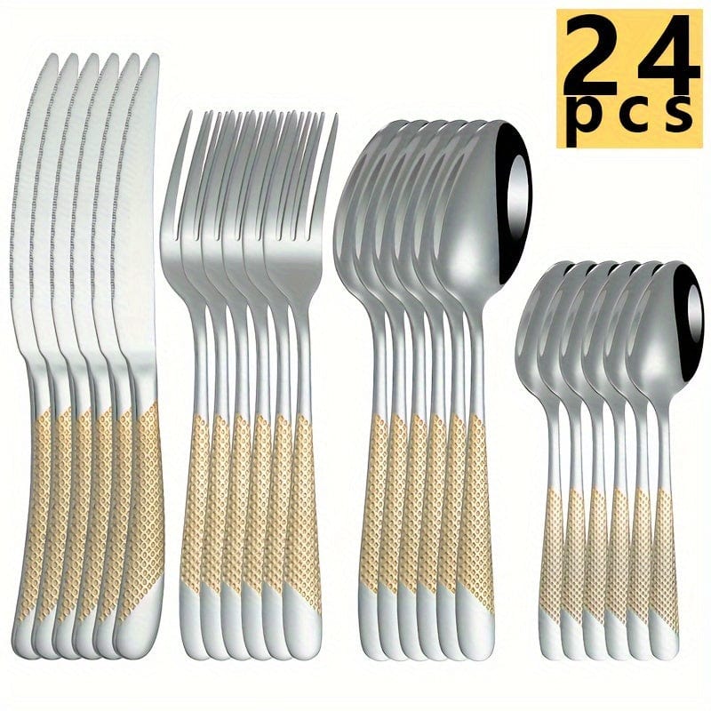 Ensemble de Couverts Étoile en Acier Inoxydable 24pcs - Couteau à Steak, Fourchette, Cuillère de Table, Cuillère à Dessert - Pour Hôtel et Restaurant