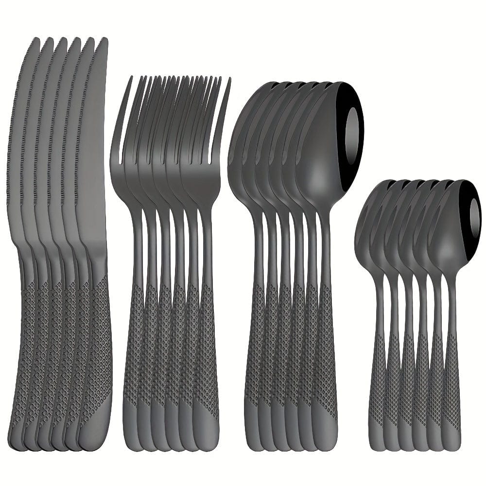 Ensemble de Couverts Étoile en Acier Inoxydable 24pcs - Couteau à Steak, Fourchette, Cuillère de Table, Cuillère à Dessert - Pour Hôtel et Restaurant Black