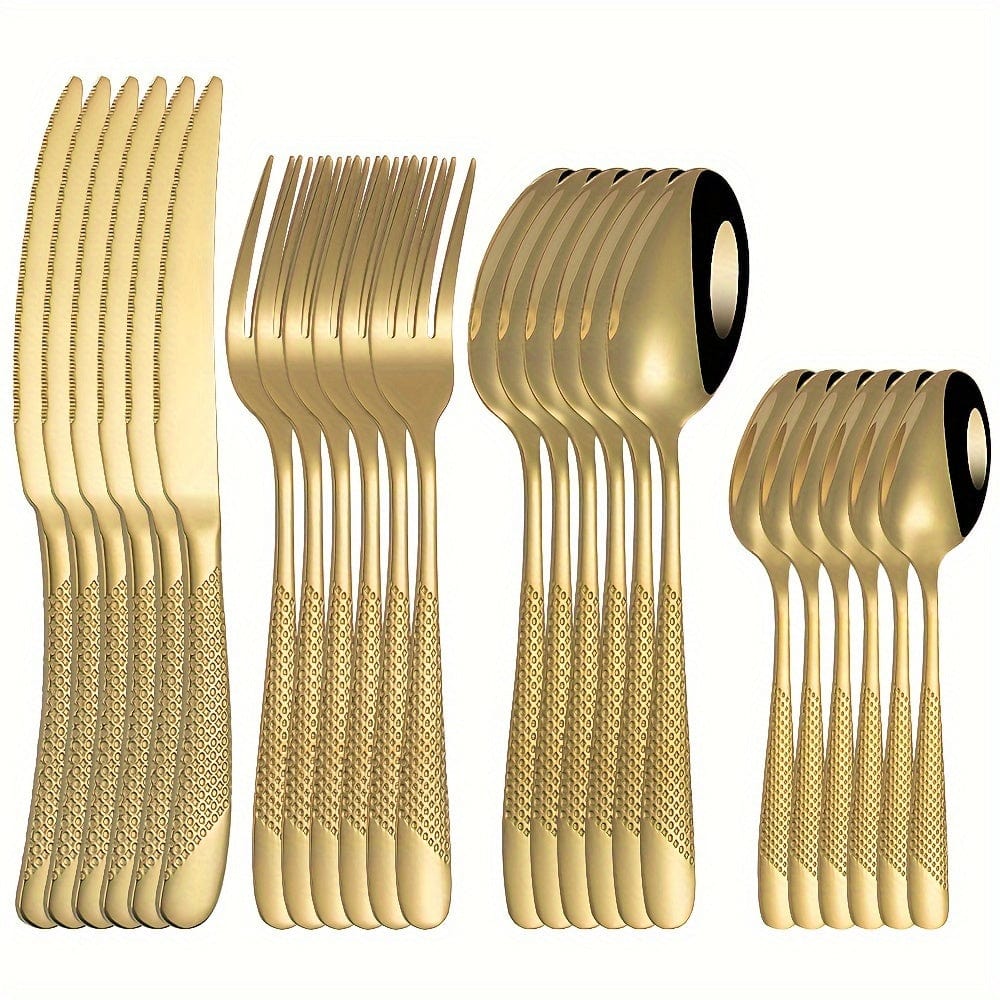 Ensemble de Couverts Étoile en Acier Inoxydable 24pcs - Couteau à Steak, Fourchette, Cuillère de Table, Cuillère à Dessert - Pour Hôtel et Restaurant Golden
