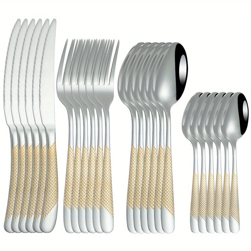 Ensemble de Couverts Étoile en Acier Inoxydable 24pcs - Couteau à Steak, Fourchette, Cuillère de Table, Cuillère à Dessert - Pour Hôtel et Restaurant Golden Plating