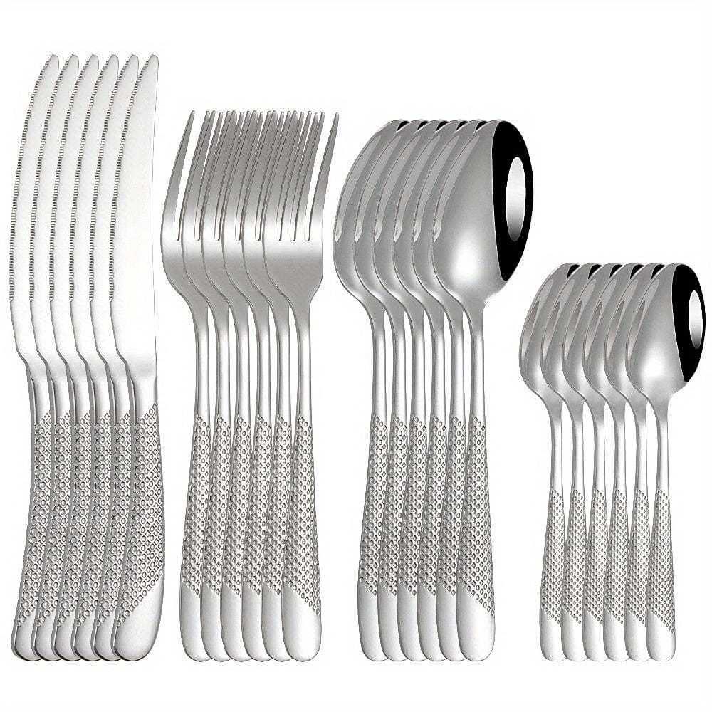 Ensemble de Couverts Étoile en Acier Inoxydable 24pcs - Couteau à Steak, Fourchette, Cuillère de Table, Cuillère à Dessert - Pour Hôtel et Restaurant Silvery