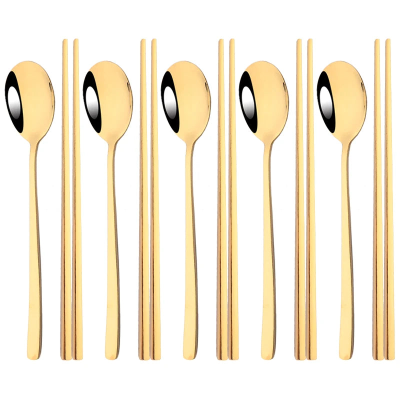 Set couverts coréens inox 304 doré – 5 cuillères et 5 paires de baguettes