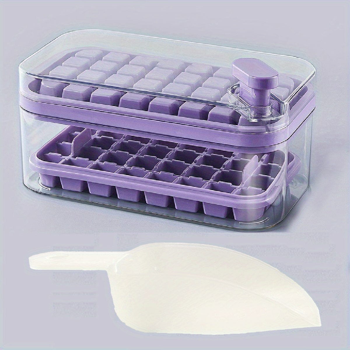 Lot de 2 bacs à glaçons - 64 casiers - avec couvercle & bac de rangement - Qualité Alimentaire PP Purple / 64 Double Layer With Ice Shovel