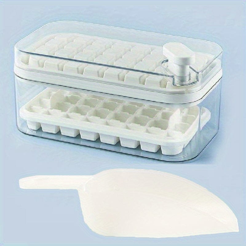 Lot de 2 bacs à glaçons - 64 casiers - avec couvercle & bac de rangement - Qualité Alimentaire PP White / 64 Double Layer With Ice Shovel