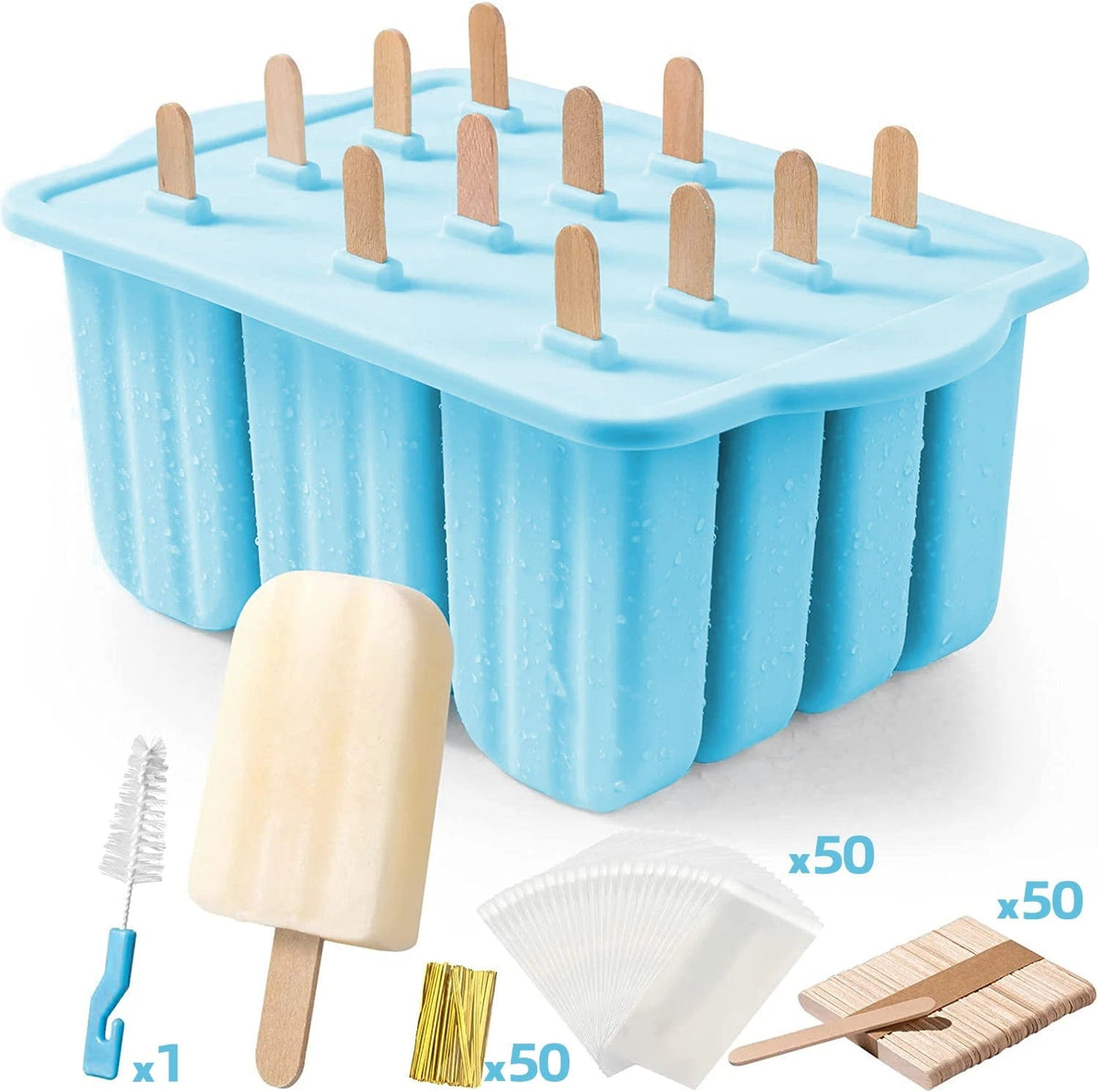 Moule à glace en silicone avec bâtonnets en bois - Outils pour crème glacée de l'été Blue