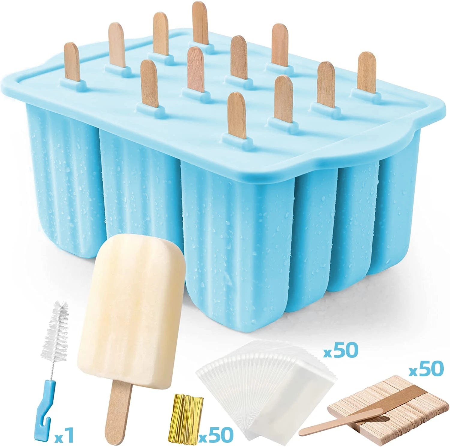 Moule à glace en silicone avec bâtonnets en bois - Outils pour crème glacée de l'été Blue