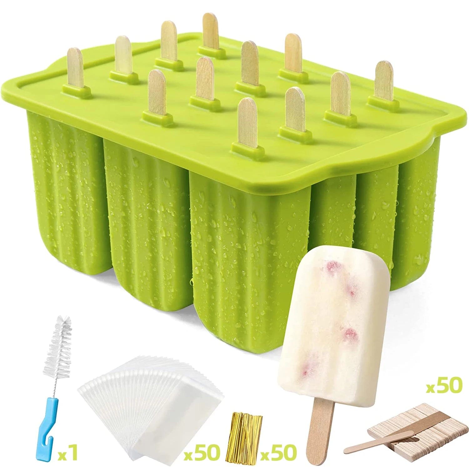 Moule à glace en silicone avec bâtonnets en bois - Outils pour crème glacée de l'été Green