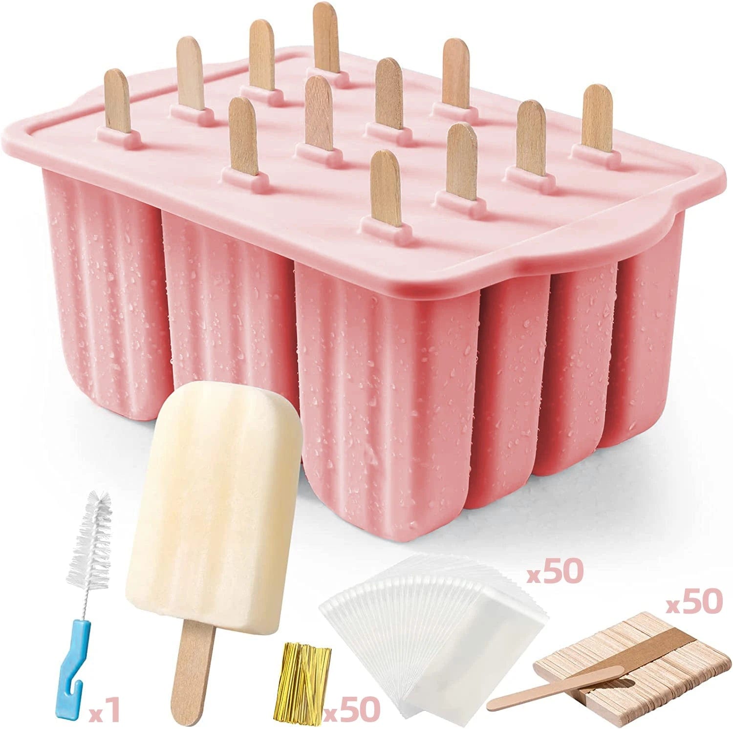 Moule à glace en silicone avec bâtonnets en bois - Outils pour crème glacée de l'été Pink