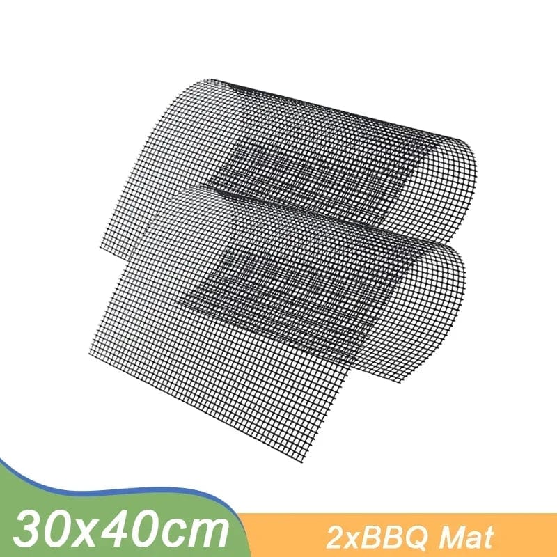 Non-stick Barbecue Mesh Mat Reusable Heat Resistance BBQ Baking Net Pad Kitchen Cooking BBQ Mat Liner Accessorie Outdoo BBQ Tool 2Pcs 30x40cm