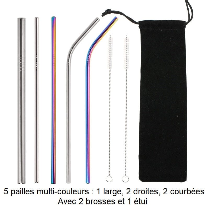 Pailles réutilisables en inox 5 pailles multi-couleurs : 1 large, 2 droites, 2 courbées