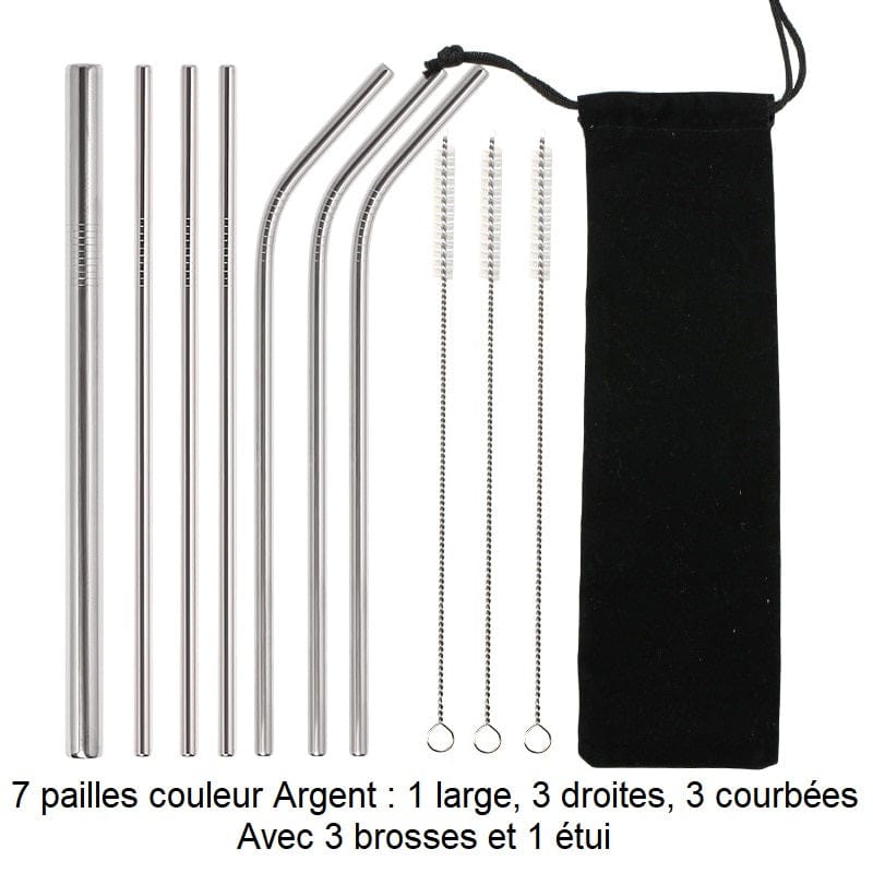 Pailles réutilisables en inox 7 pailles couleur Argent : 1 large, 3 droites, 3 courbées