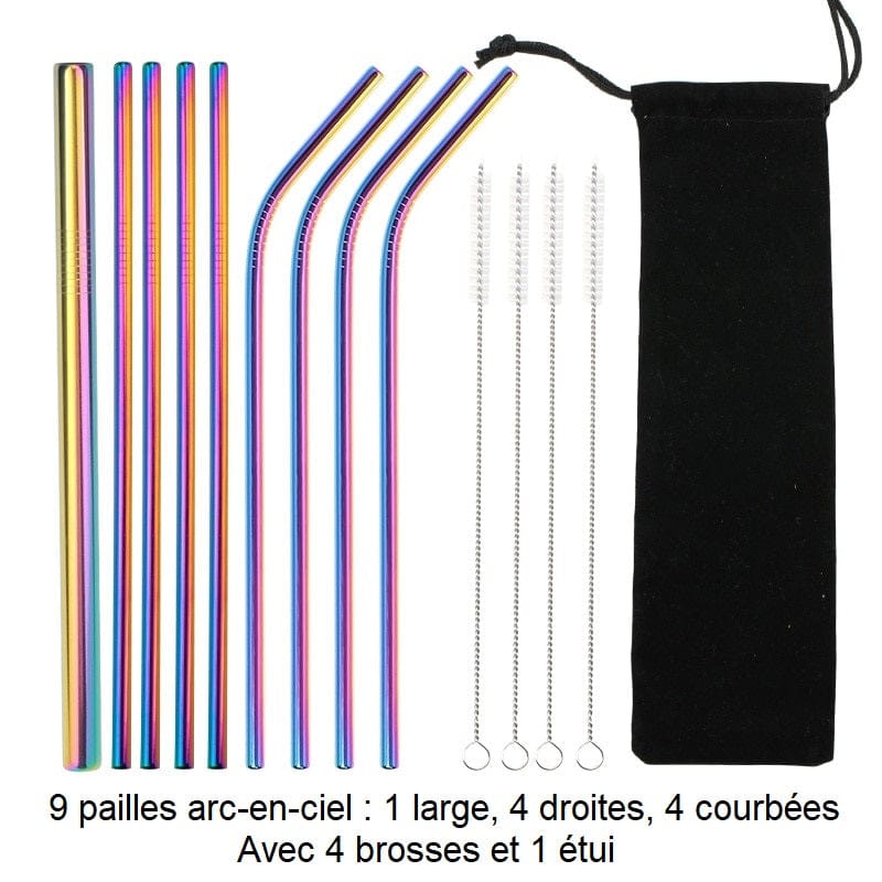 Pailles réutilisables en inox 9 pailles Arc-en-ciel : 1 large, 4 droites, 4 courbées