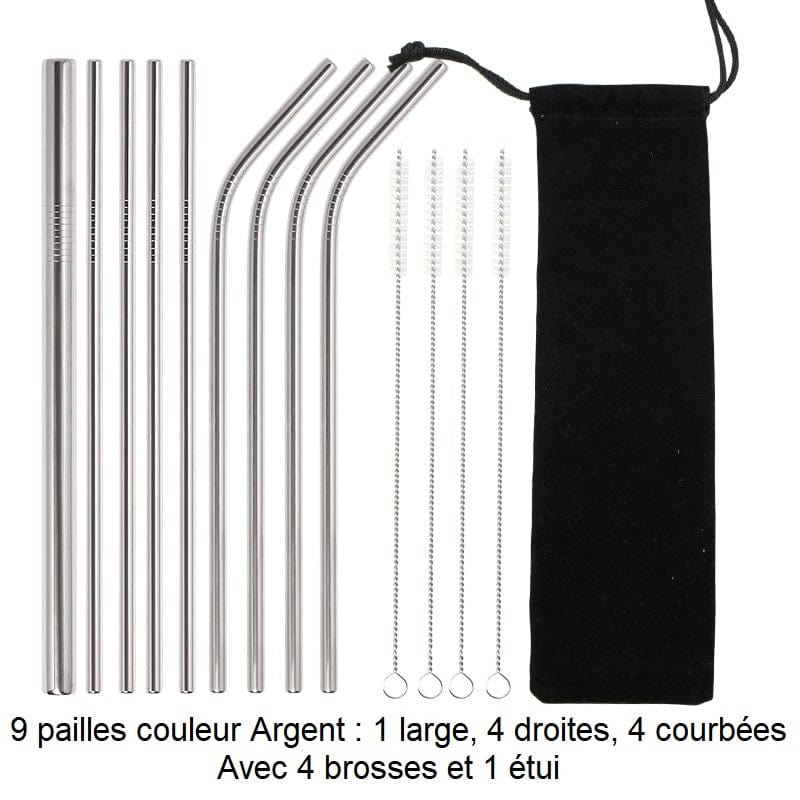 Pailles réutilisables en inox 9 pailles couleur Argent : 1 large, 4 droites, 4 courbées