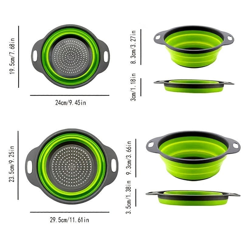 Passeoire Pliante Silicone pour Égoutter Pâtes et Fruits - Set de 2 - Vert / Rouge / Bleu