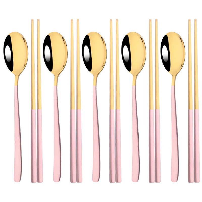 Set couverts coréens inox 304 doré manche rose – 5 cuillères et 5 paires de baguettes