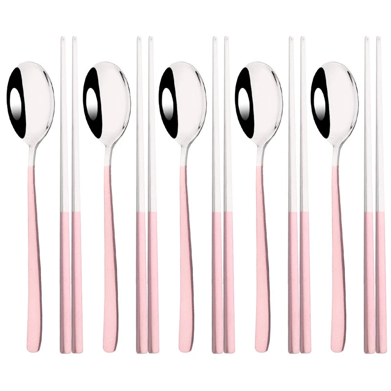 Set couverts coréens inox 304 argenté manche rose – 5 cuillères et 5 paires de baguettes