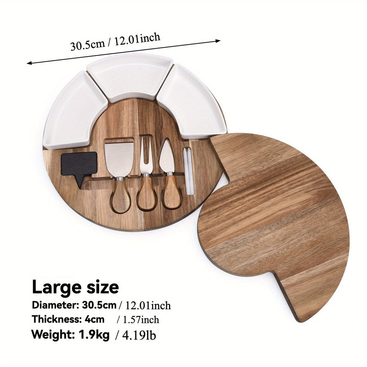 Planche à fromage en bois avec couteau et fourchette, idéale cuisine maison 30.5cm/12.01inch-Premium Acacia Woo
