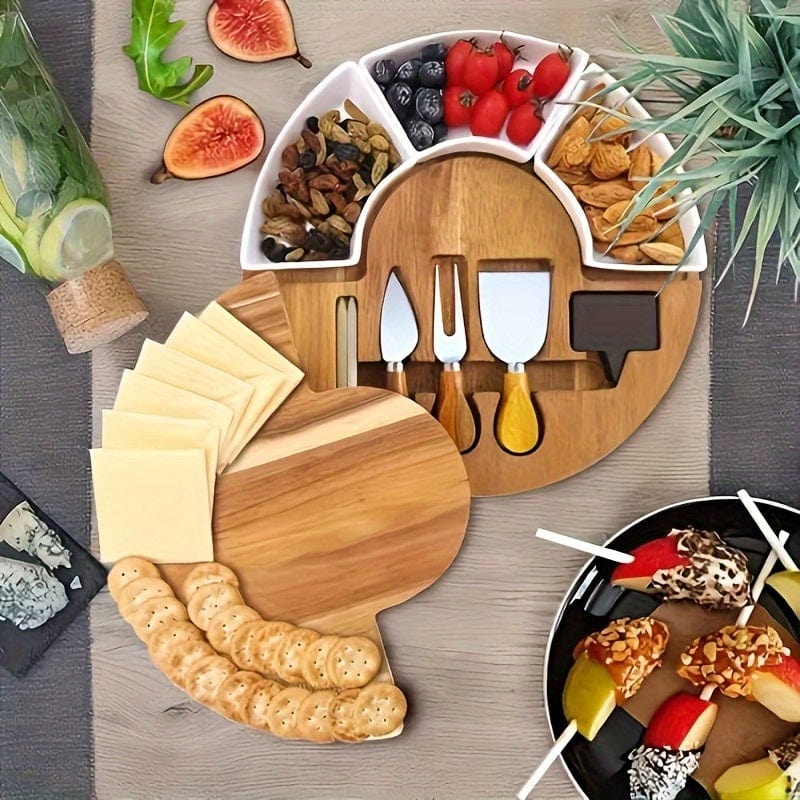 Planche à fromage en bois avec couteau et fourchette, idéale cuisine maison