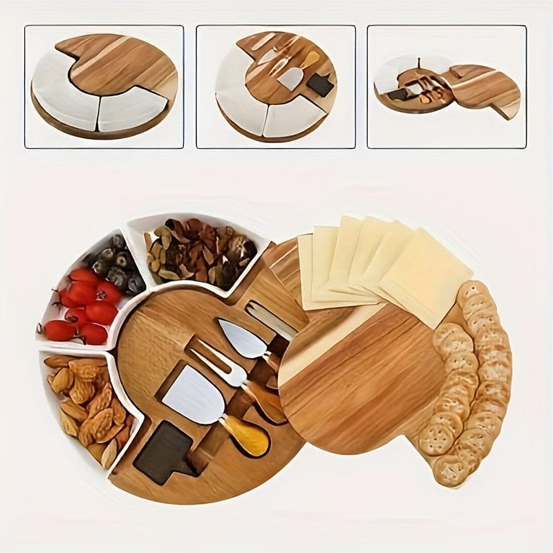 Planche à fromage en bois avec couteau et fourchette, idéale cuisine maison