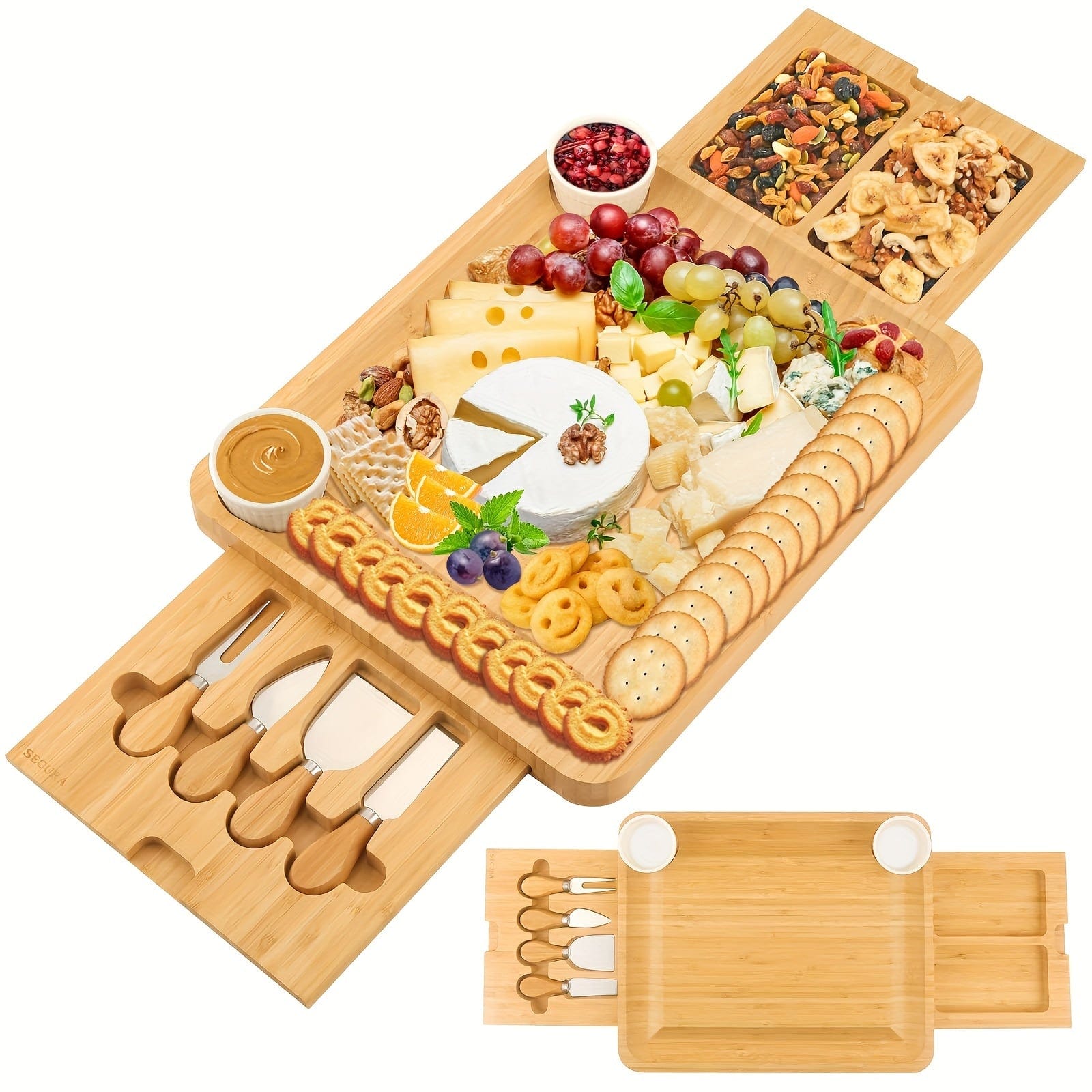 Plateau à fromage en bambou avec couteau et bols en céramique - Ensemble cadeau优 - FN63926 Beige