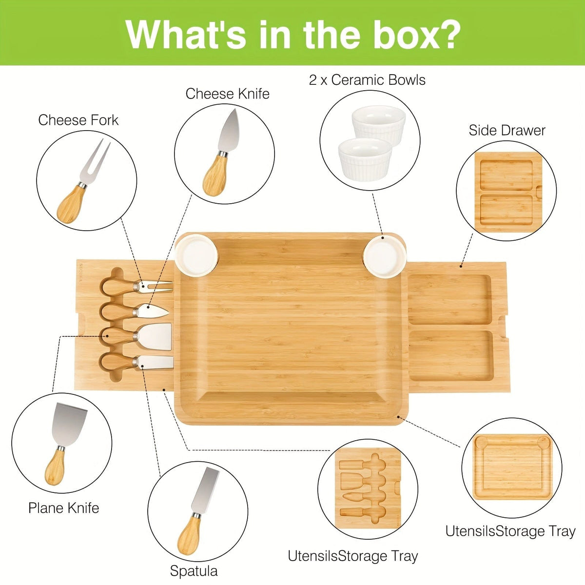 Plateau à fromage en bambou avec couteau et bols en céramique - Ensemble cadeau优 - FN63926 Beige