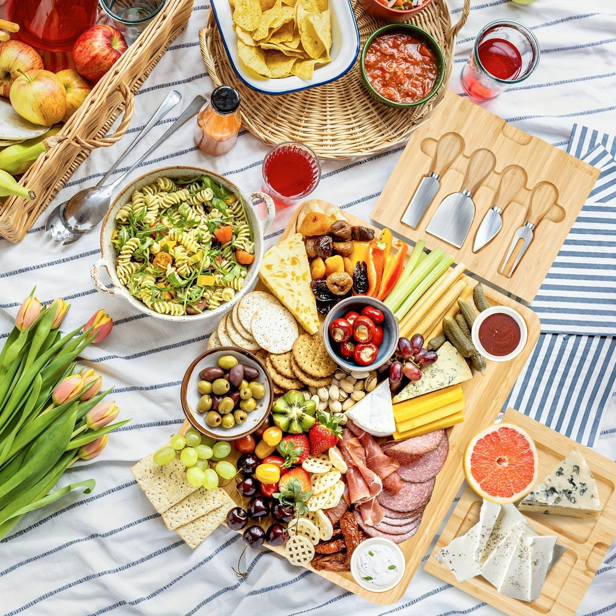 Plateau à fromage en bambou avec couteau et bols en céramique - Ensemble cadeau优 - FN63926 Beige