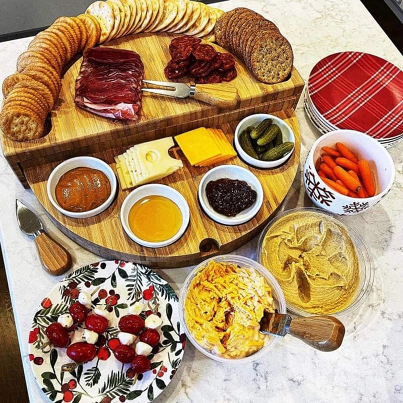 Plateau à fromage et charcuterie en bambou avec tiroir intégré