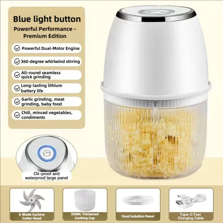Mini Hachoir Électrique Sans Fil 350 ml — Bol Verre ou Plastique, 6 Lames Inox, USB-C
