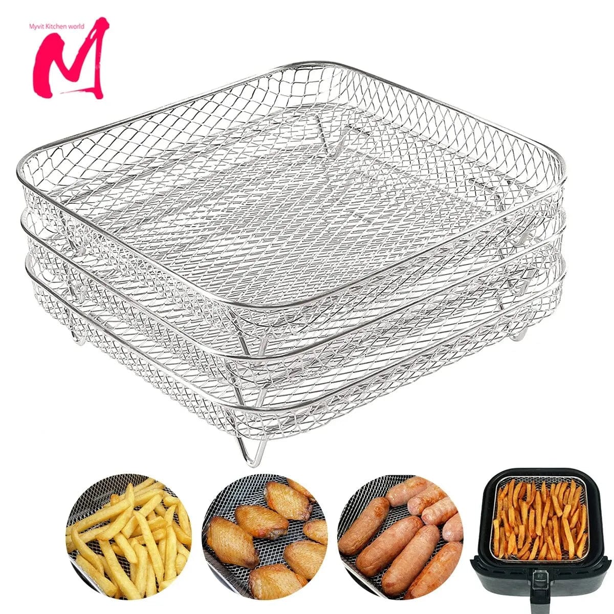 Racks de Cuisson pour Air Fryer en Acier Inoxydable à 3 Étages silver 3pcs