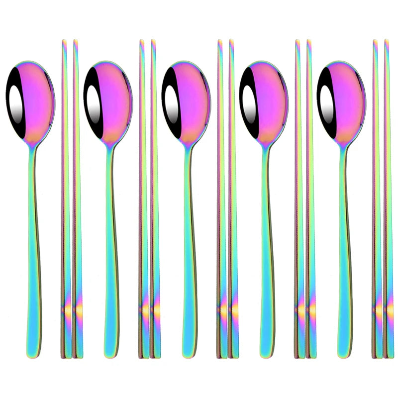 Set couverts coréens inox 304 arc-en-ciel – 5 cuillères et 5 paires de baguettes
