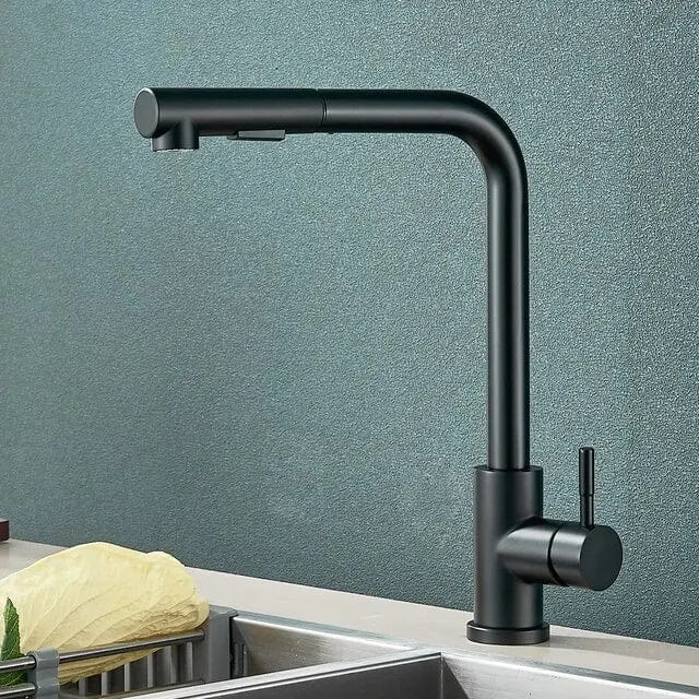 Robinet de Cuisine Noir avec Bec Rétractable et 2 Modes de Jet - Mélangeur d'Eau Chaud et Froid en Acier Inoxydable Black