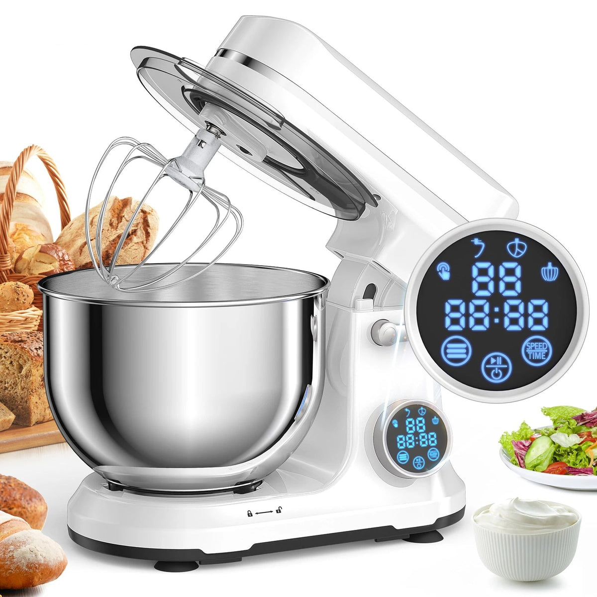 Robot pâtissier 5 L blanc à écran tactile, tête relevée