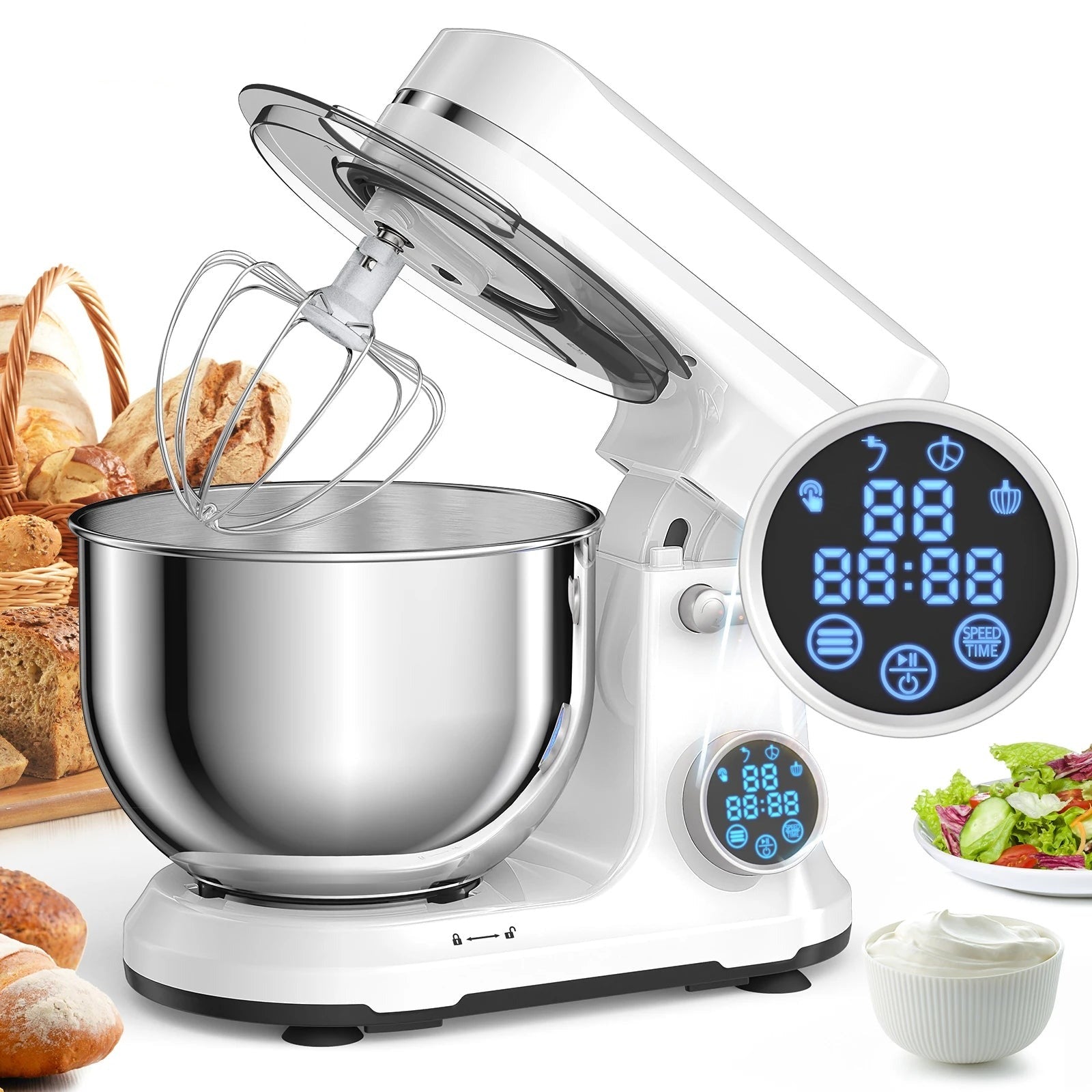 Robot pâtissier 5 L blanc à écran tactile, tête relevée