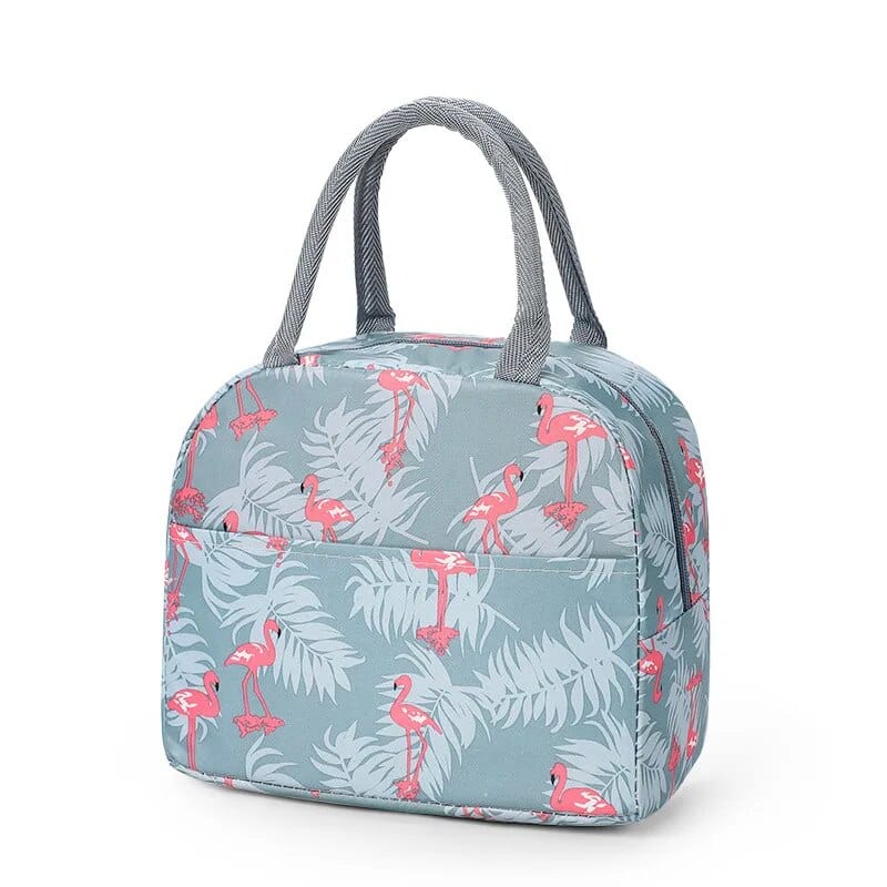 Sac à Lunchbox isotherme en tissu imprimé Gris-Bleu avec des Flamants Roses