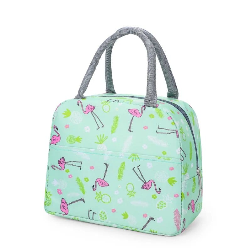 Sac à Lunchbox isotherme en tissu imprimé Vert avec des Flamants Roses