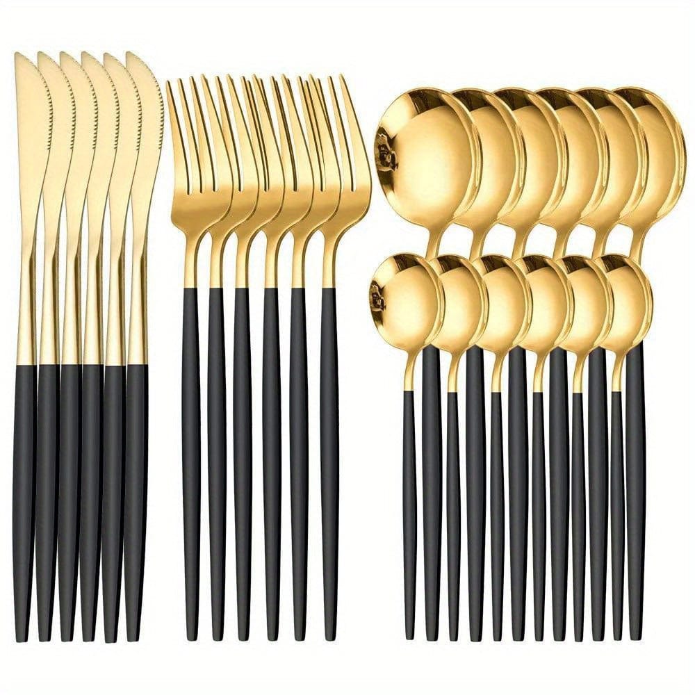 Service de Vaisselle Portugal - 24 pièces en Acier Inoxydable - Set de Couverts Steak Fourchettes Cuillères - Lave-Vaisselle - VVN75871 24PCS Black Golden