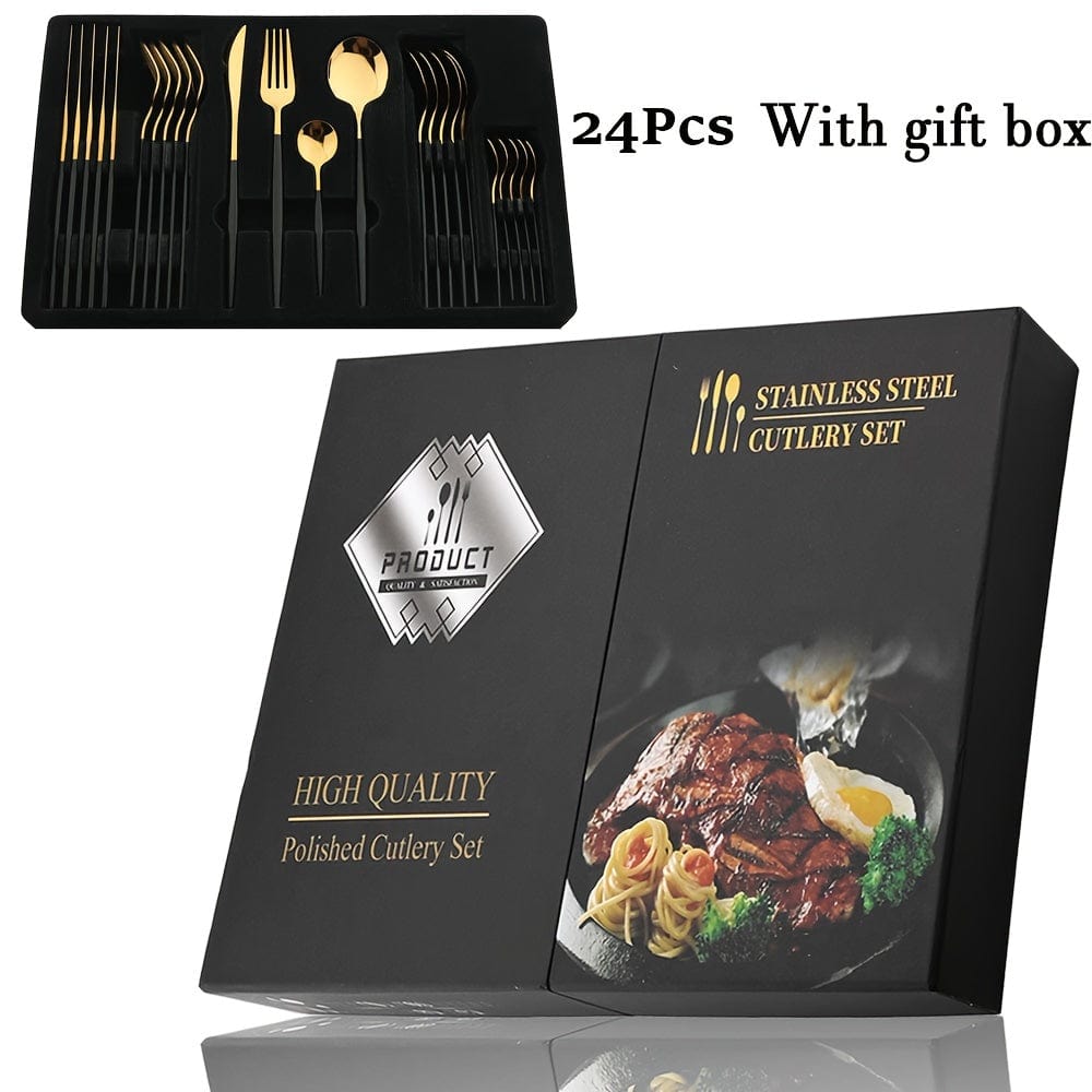 Set de couverts dorés avec manche noir - Acier inoxydable 24 pièces - VF20943 Black Golden 24Pcs Box